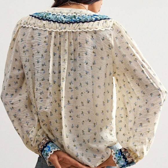 Blue Boho Casual Women's Country Vacation Woven Print Long Sleeve Loose Blouse - Picture 2 of 8